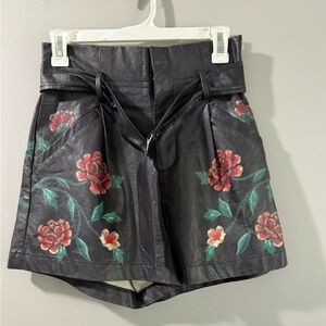 Jealous Tomato Black Faux Leather Shorts with Red Floral Embroidery